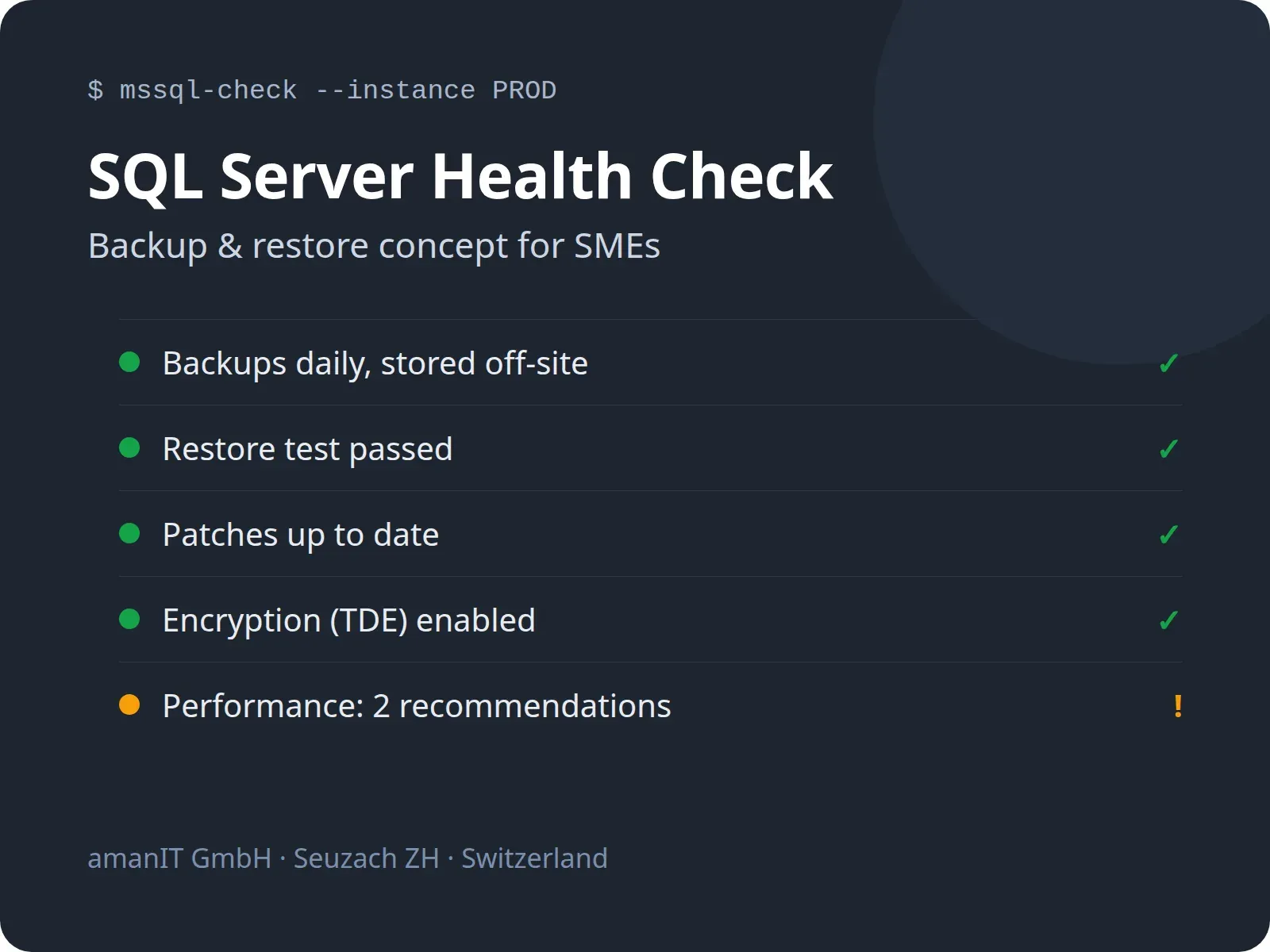 amanIT SQL Server health check and backup concept for SMEs in Switzerland